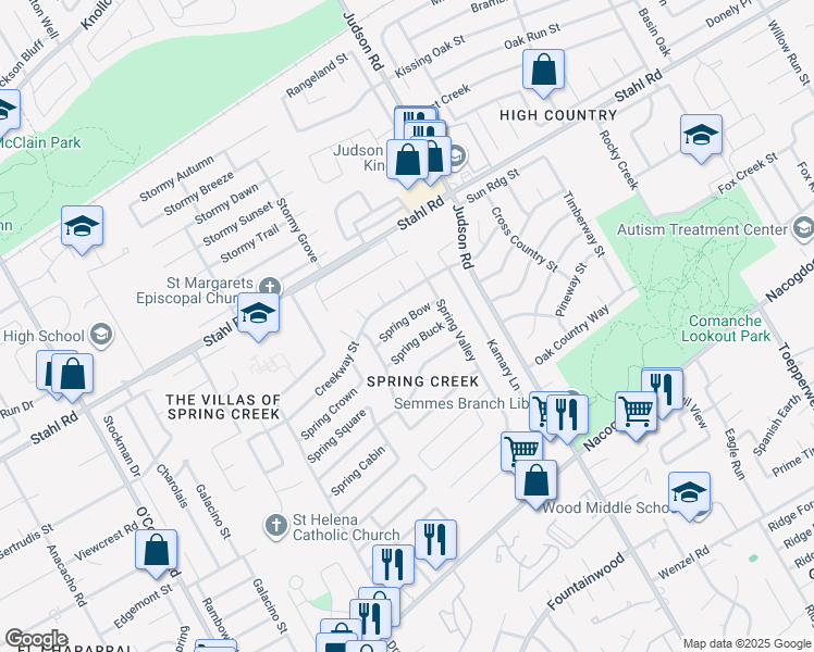 map of restaurants, bars, coffee shops, grocery stores, and more near 5938 Spring Bow in San Antonio