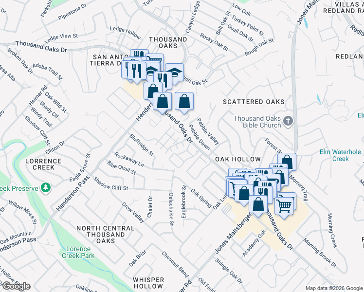 map of restaurants, bars, coffee shops, grocery stores, and more near 2626 Grayson Way in San Antonio
