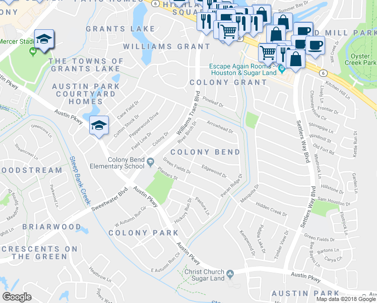 map of restaurants, bars, coffee shops, grocery stores, and more near 2818 Colonial Drive in Sugar Land