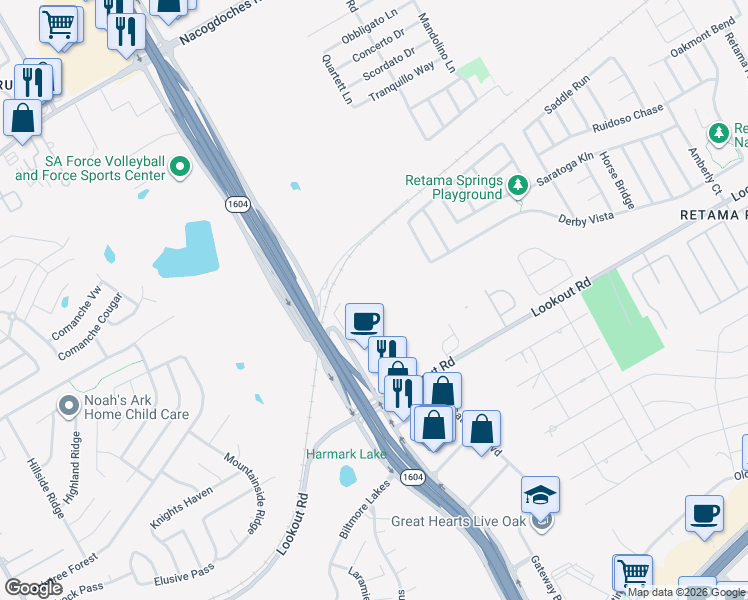 map of restaurants, bars, coffee shops, grocery stores, and more near 7319 North Loop 1604 East in Live Oak
