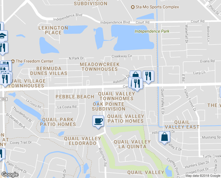 map of restaurants, bars, coffee shops, grocery stores, and more near 2920 Camelot Lane in Missouri City