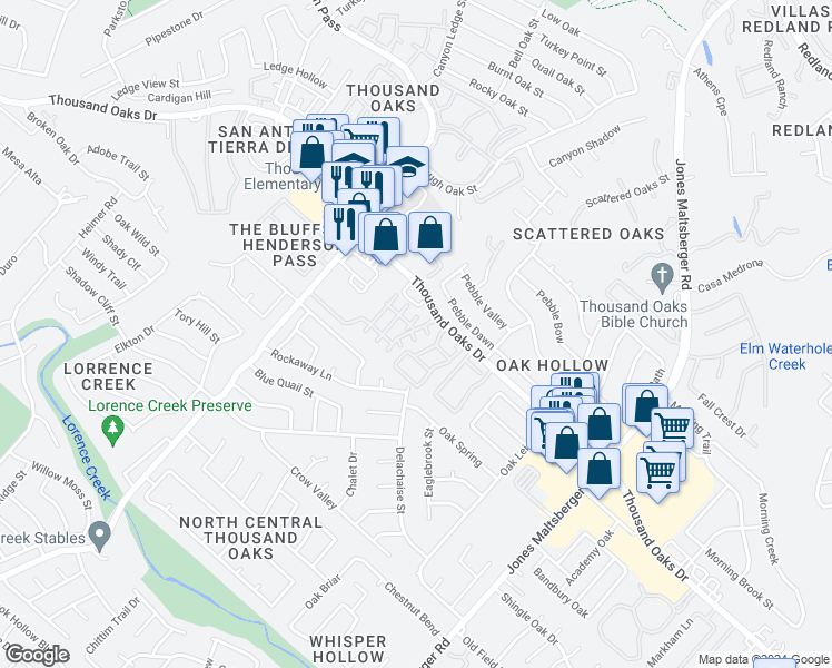 map of restaurants, bars, coffee shops, grocery stores, and more near 2626 Grayson Way in San Antonio