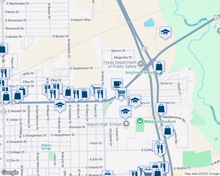map of restaurants, bars, coffee shops, grocery stores, and more near 1107 Zunker Street in Seguin