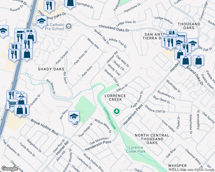 map of restaurants, bars, coffee shops, grocery stores, and more near 15514 Creekside in San Antonio