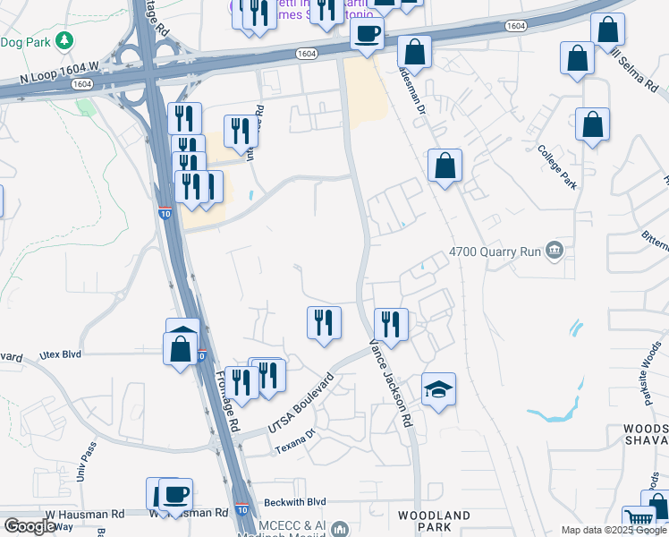 map of restaurants, bars, coffee shops, grocery stores, and more near 14838 Vance Jackson Road in San Antonio