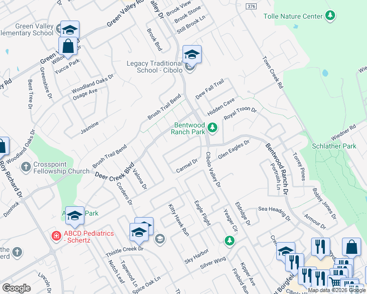 map of restaurants, bars, coffee shops, grocery stores, and more near 149 Carnousty Drive in Cibolo