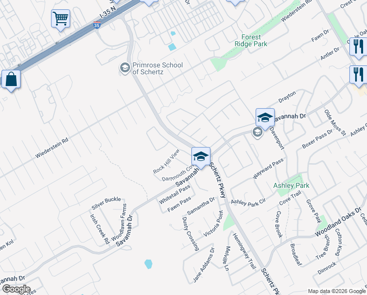 map of restaurants, bars, coffee shops, grocery stores, and more near 3604 Sumter Glade in Schertz