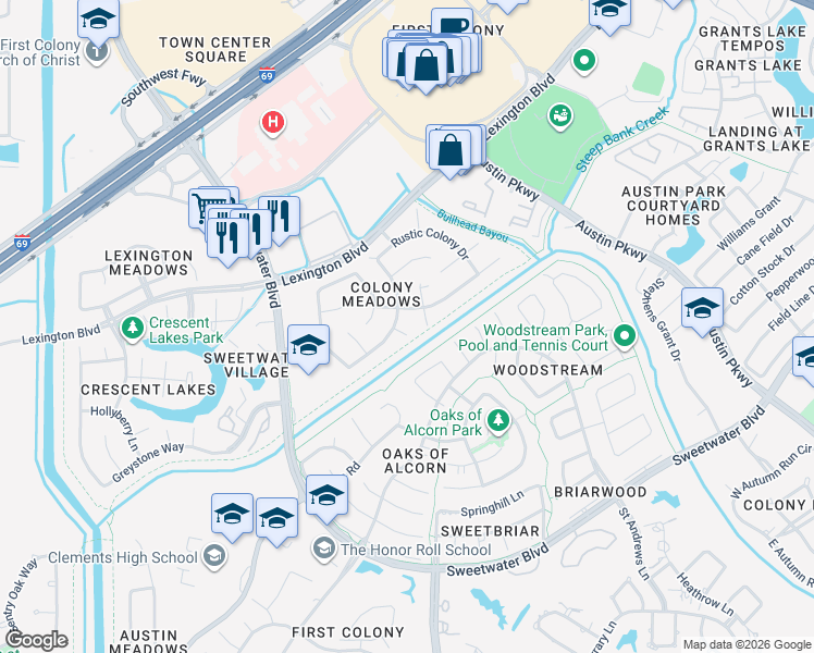map of restaurants, bars, coffee shops, grocery stores, and more near 4406 Parklane Colony Court in Sugar Land