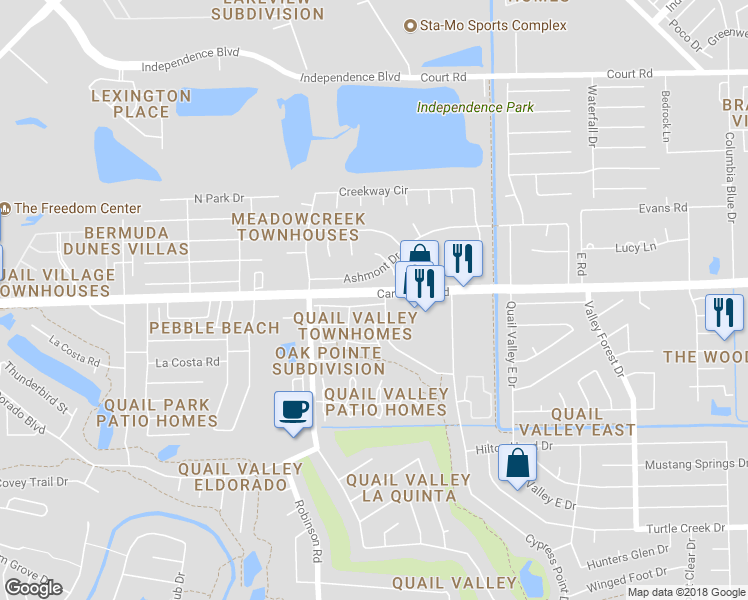 map of restaurants, bars, coffee shops, grocery stores, and more near 2808 Camelot Lane in Missouri City