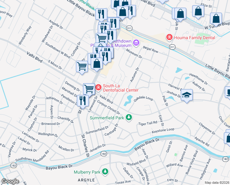 map of restaurants, bars, coffee shops, grocery stores, and more near 142 Rue Saint Rachel in Houma
