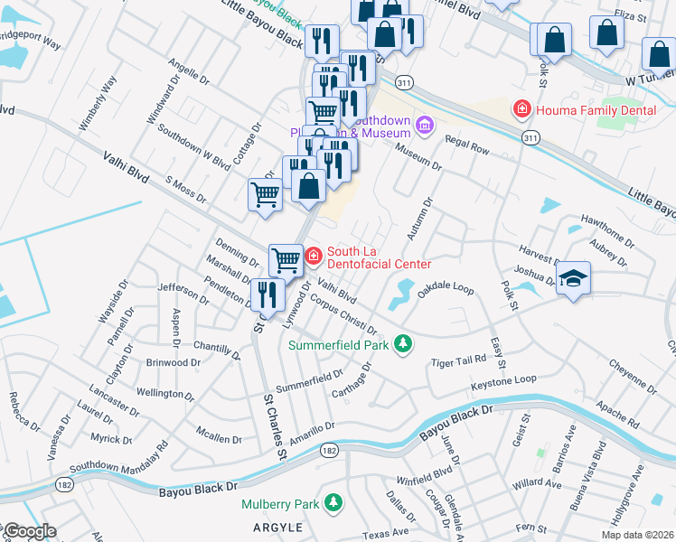 map of restaurants, bars, coffee shops, grocery stores, and more near 212 Rue Christe' in Houma