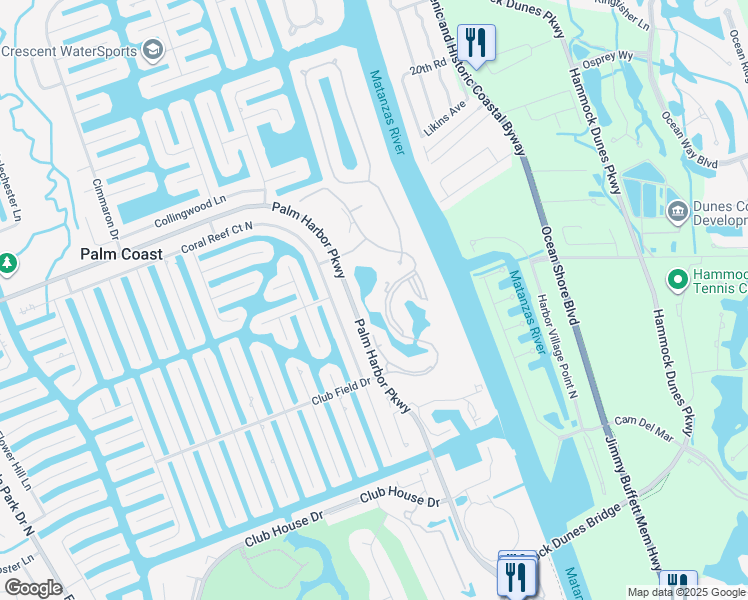 map of restaurants, bars, coffee shops, grocery stores, and more near 80 Riverview Bend South in Palm Coast