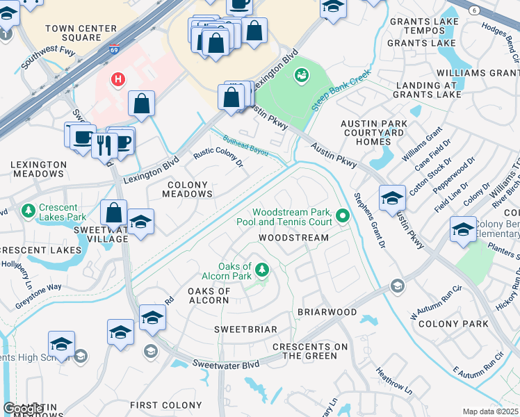 map of restaurants, bars, coffee shops, grocery stores, and more near 3311 Long Hollow Court in Sugar Land