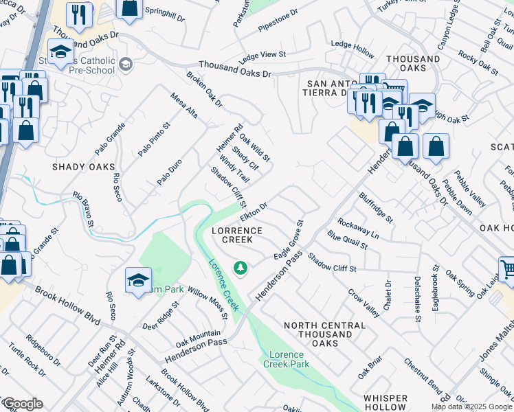 map of restaurants, bars, coffee shops, grocery stores, and more near 15111 Elkton Drive in San Antonio