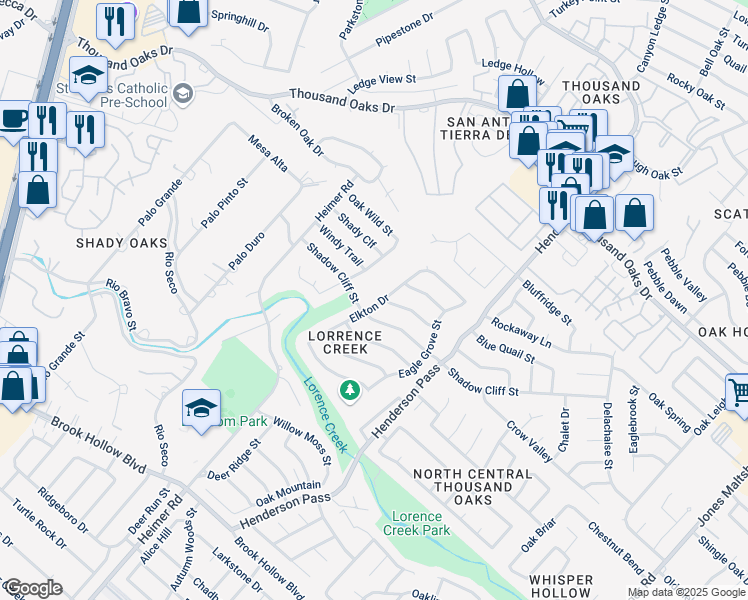 map of restaurants, bars, coffee shops, grocery stores, and more near 15111 Elkton Drive in San Antonio