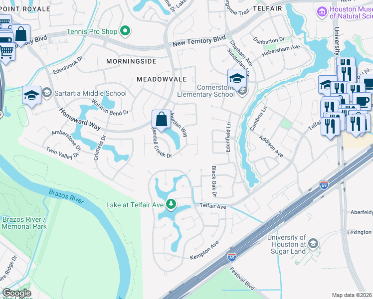 map of restaurants, bars, coffee shops, grocery stores, and more near 6622 Kendall Creek Drive in Sugar Land