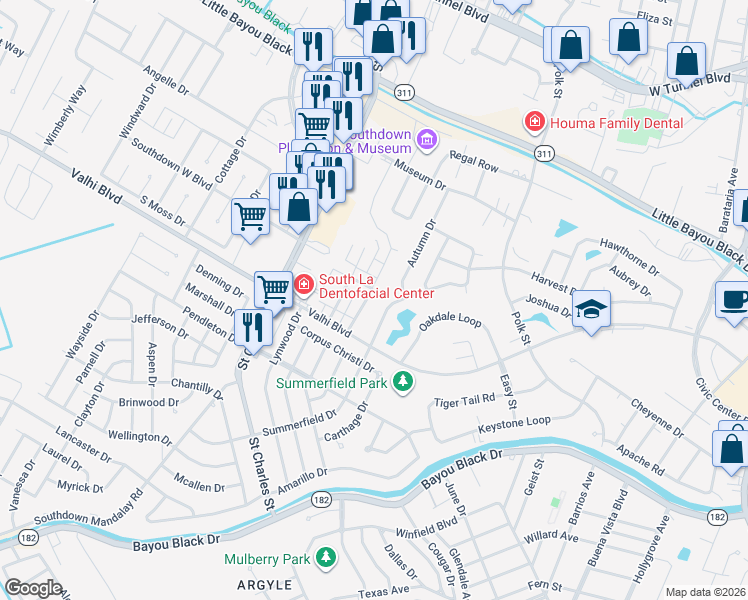 map of restaurants, bars, coffee shops, grocery stores, and more near 142 Rue Saint Rachel in Houma