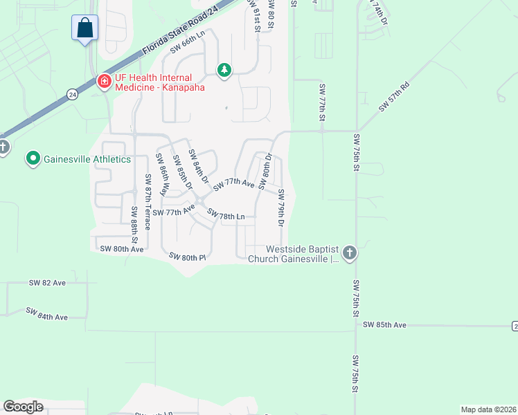 map of restaurants, bars, coffee shops, grocery stores, and more near 7750 Southwest 80th Drive in Gainesville
