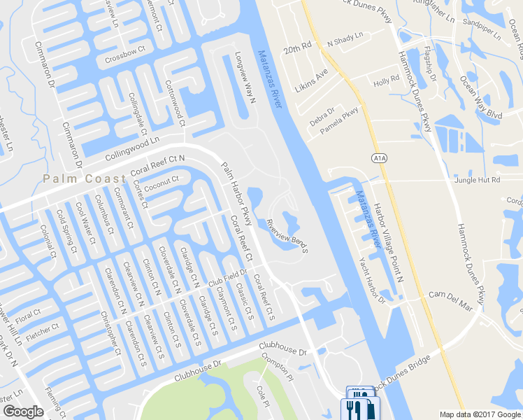 map of restaurants, bars, coffee shops, grocery stores, and more near 76 Riverview Bend South in Palm Coast
