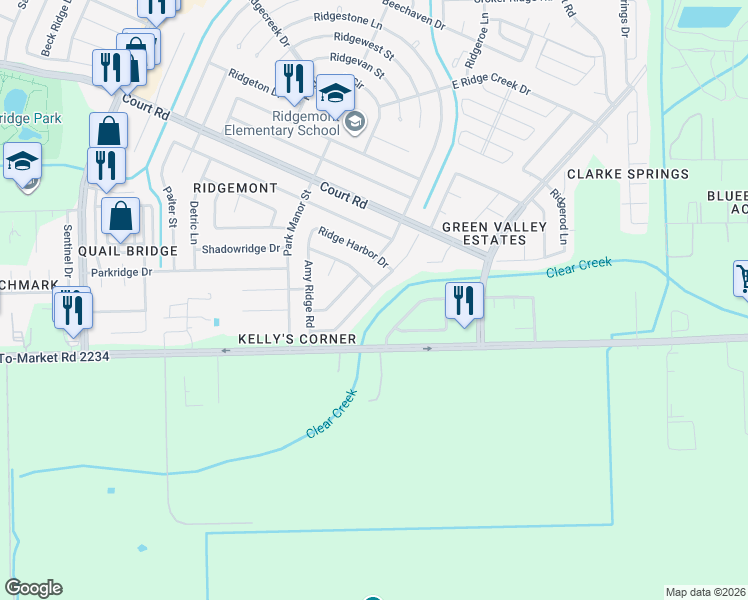 map of restaurants, bars, coffee shops, grocery stores, and more near 16507 Lazy Ridge Road in Houston
