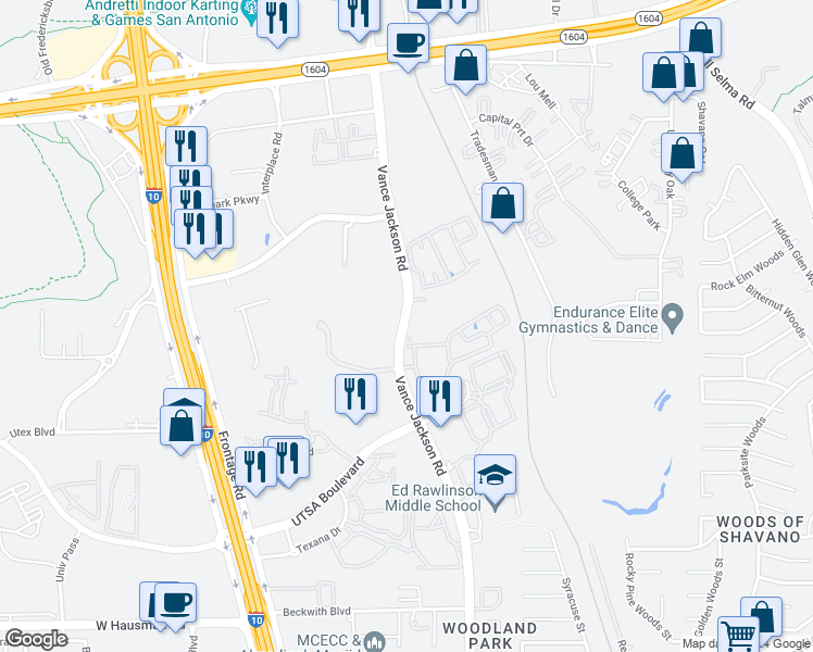 map of restaurants, bars, coffee shops, grocery stores, and more near 14838 Vance Jackson Road in San Antonio
