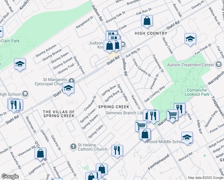 map of restaurants, bars, coffee shops, grocery stores, and more near 5938 Spring Bow in San Antonio