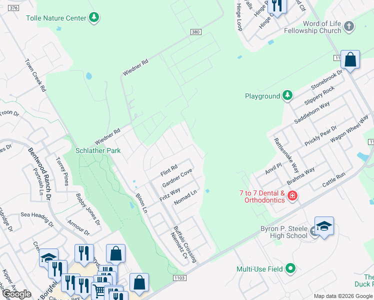 map of restaurants, bars, coffee shops, grocery stores, and more near 409 Hinsdale Run in Cibolo