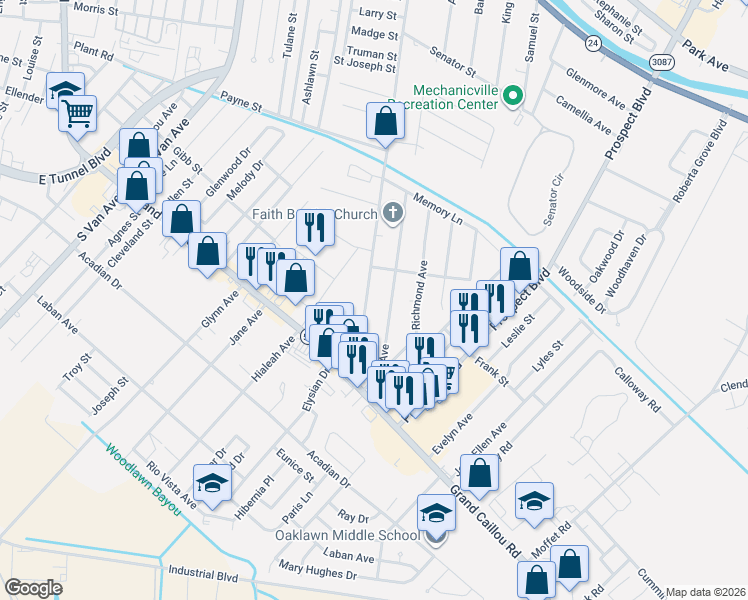 map of restaurants, bars, coffee shops, grocery stores, and more near 201-303 Dixie Ave in Houma