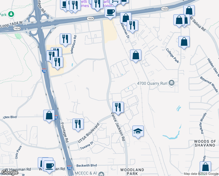 map of restaurants, bars, coffee shops, grocery stores, and more near 14838 Vance Jackson Road in San Antonio