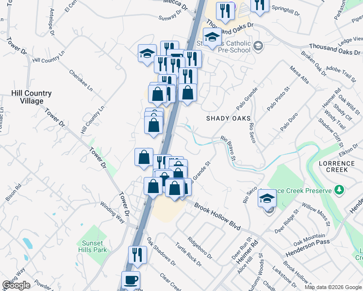 map of restaurants, bars, coffee shops, grocery stores, and more near 15600 San Pedro Avenue in San Antonio