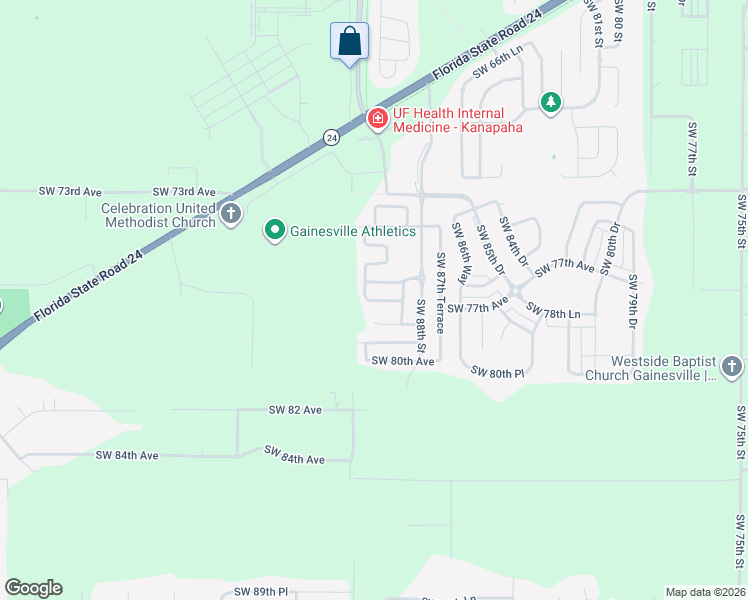 map of restaurants, bars, coffee shops, grocery stores, and more near 9030 Southwest 76th Lane in Gainesville