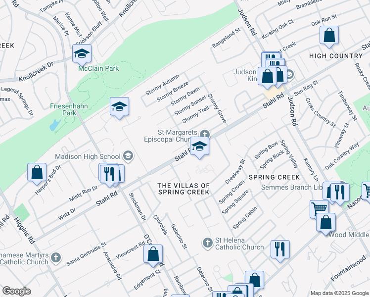 map of restaurants, bars, coffee shops, grocery stores, and more near 5134 Stormy Skies in San Antonio