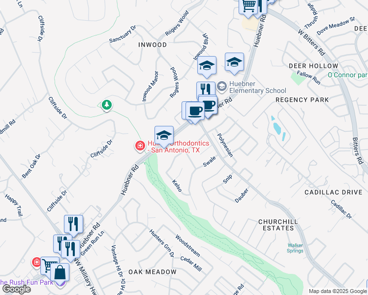 map of restaurants, bars, coffee shops, grocery stores, and more near 14803 Forward Pass in San Antonio