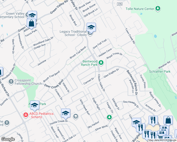 map of restaurants, bars, coffee shops, grocery stores, and more near 149 Carnousty Drive in Cibolo