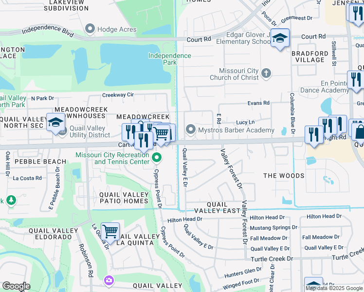 map of restaurants, bars, coffee shops, grocery stores, and more near 3023 Quail Valley East Drive in Missouri City