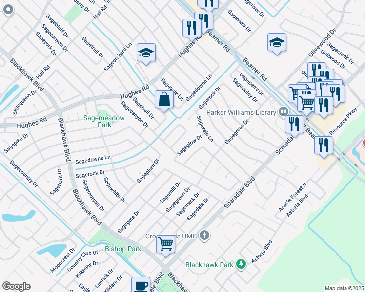 map of restaurants, bars, coffee shops, grocery stores, and more near 10331 Sageglow Drive in Houston