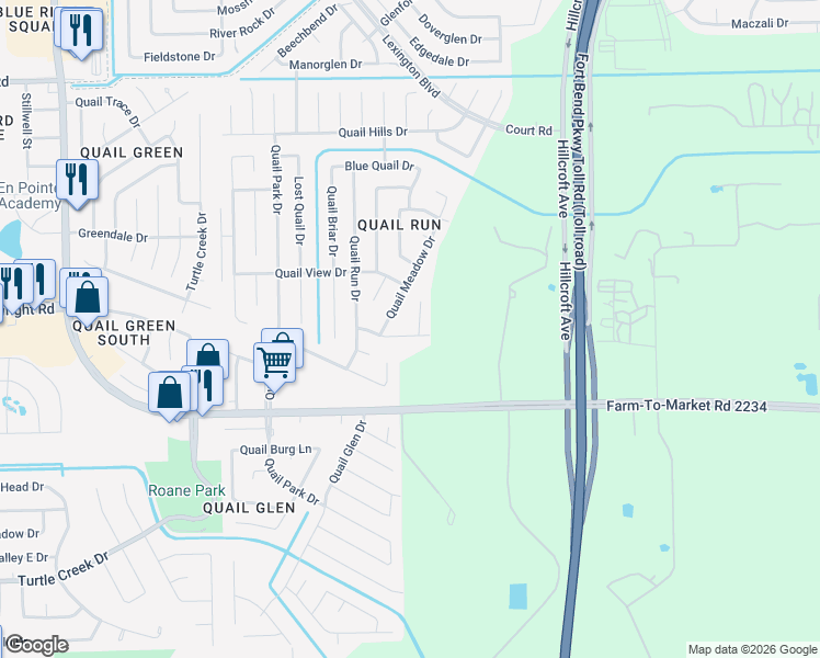 map of restaurants, bars, coffee shops, grocery stores, and more near 16722 Lone Quail Court in Missouri City