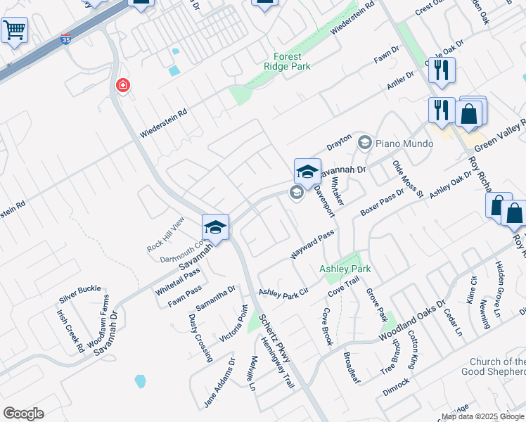 map of restaurants, bars, coffee shops, grocery stores, and more near 3577 Peachtree Lane in Schertz