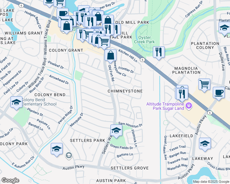 map of restaurants, bars, coffee shops, grocery stores, and more near 2818 Old Fort Road in Sugar Land