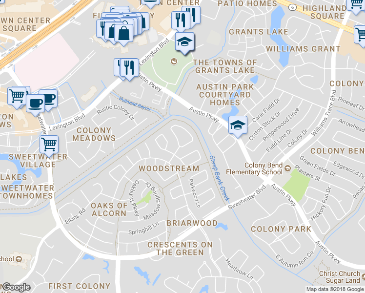 map of restaurants, bars, coffee shops, grocery stores, and more near 3318 Stream Meadows Lane in Sugar Land