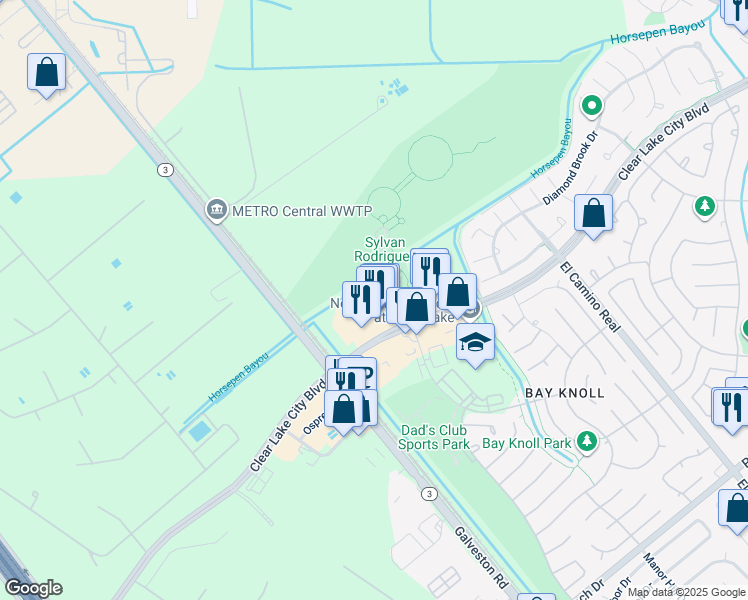 map of restaurants, bars, coffee shops, grocery stores, and more near 14101 Bay Pointe Court in Houston