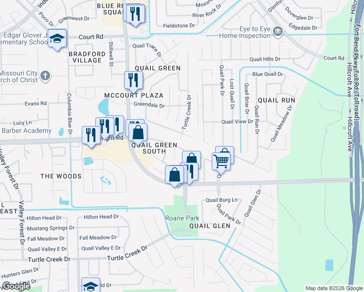 map of restaurants, bars, coffee shops, grocery stores, and more near 1410 Cartwright Rd in Missouri City