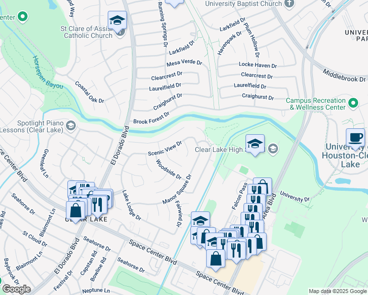 map of restaurants, bars, coffee shops, grocery stores, and more near 2223 Town Oaks Dr in Houston