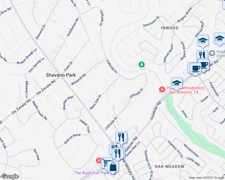 map of restaurants, bars, coffee shops, grocery stores, and more near 108 Bent Oak Drive in Shavano Park