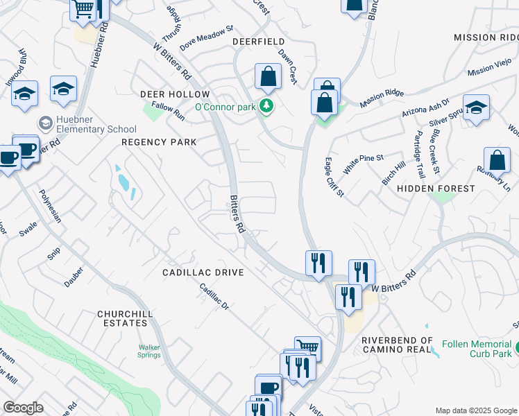 map of restaurants, bars, coffee shops, grocery stores, and more near 1719 Hadbury Lane in San Antonio