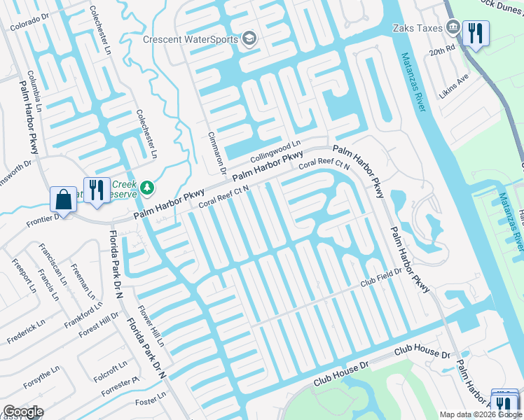 map of restaurants, bars, coffee shops, grocery stores, and more near 20 Cormorant Court in Palm Coast
