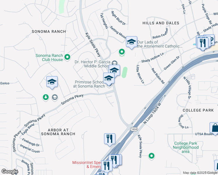 map of restaurants, bars, coffee shops, grocery stores, and more near 14875 Kyle Seale Parkway in San Antonio