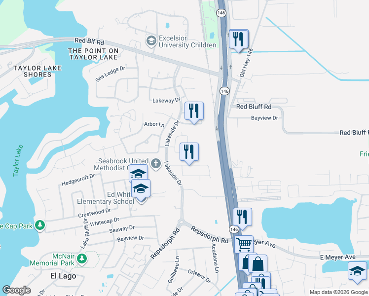 map of restaurants, bars, coffee shops, grocery stores, and more near 3406 Palm Bay Cir in Seabrook