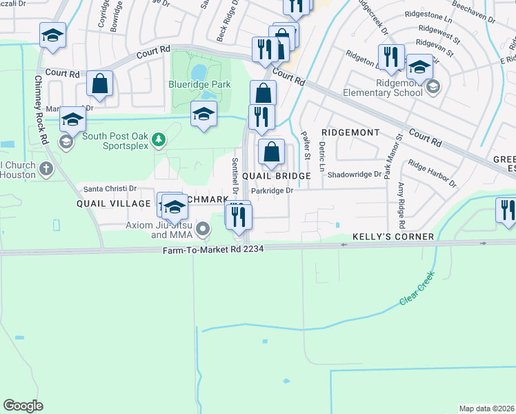 map of restaurants, bars, coffee shops, grocery stores, and more near 16621 Monte Carlo Court in Houston