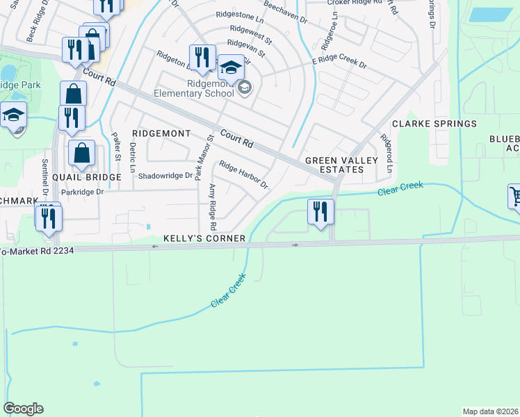 map of restaurants, bars, coffee shops, grocery stores, and more near 16507 Lazy Ridge Road in Houston